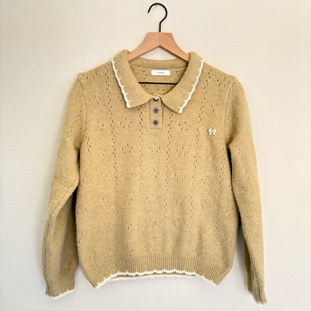 Ounce Pointelle Collared Sweater in Khaki